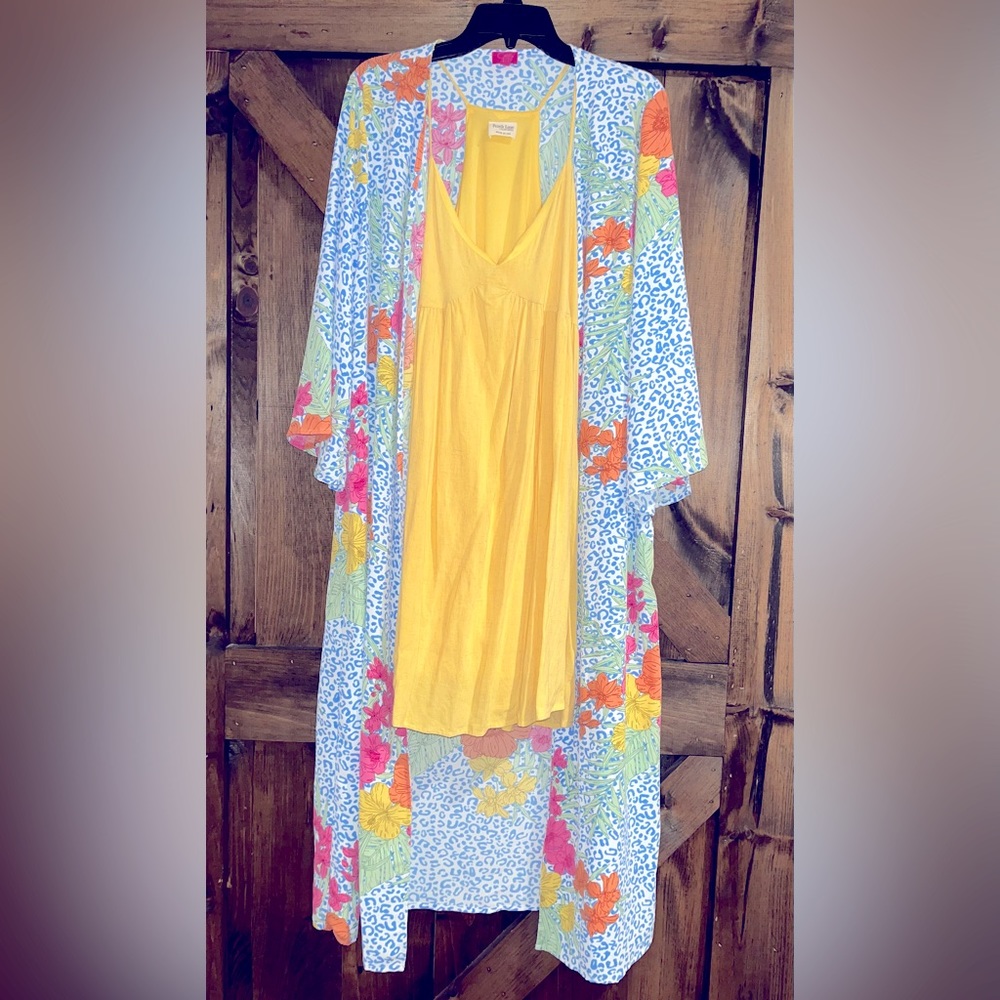 Peach love yellow dress and Caroline Hill floral leopard kimono duster